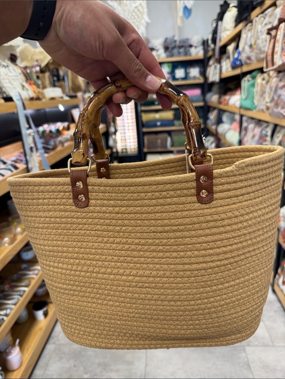 Tan Woven Tote Bag with Bamboo Handles